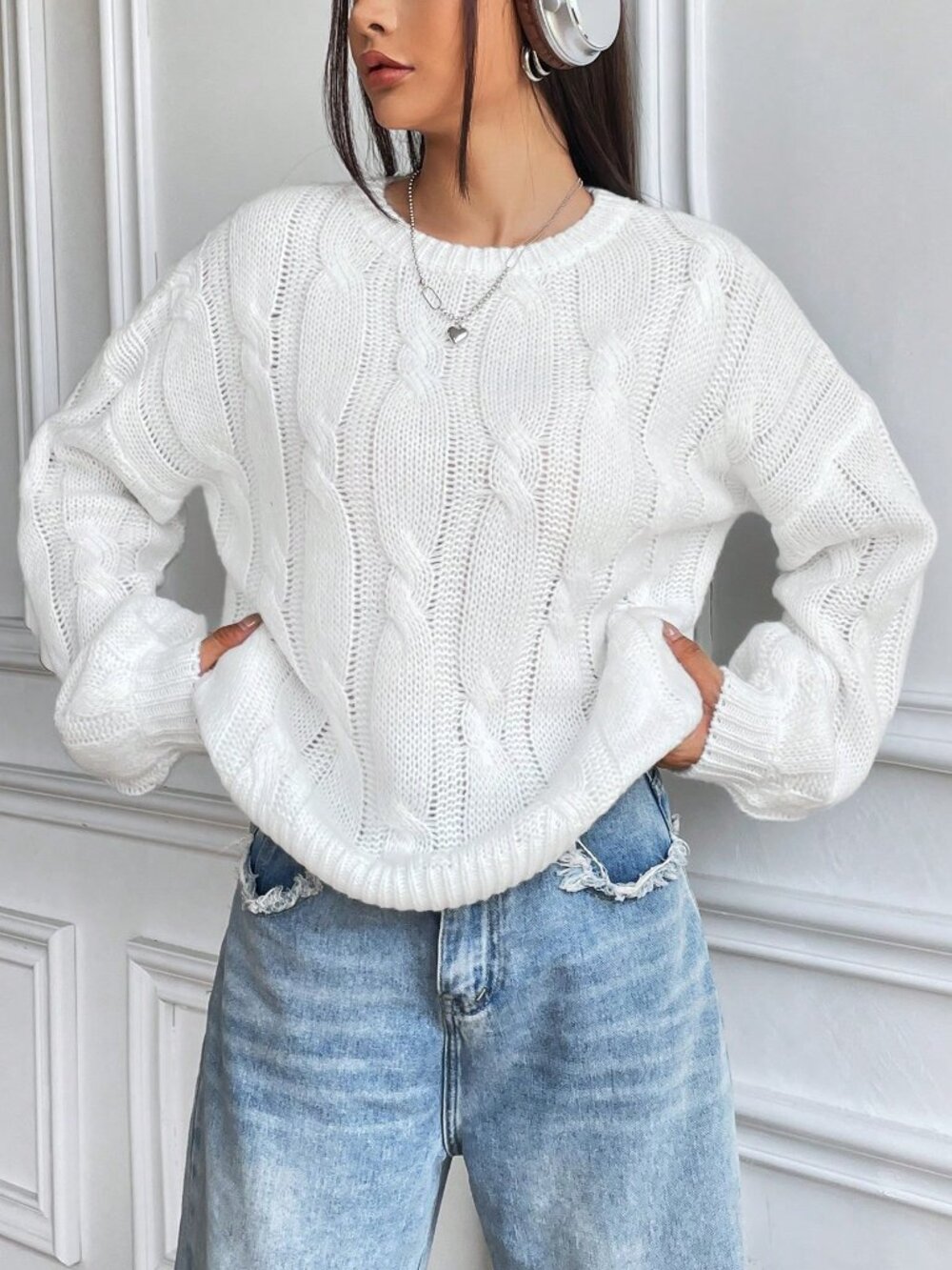 White Casual Women's Cable Knit Drop Shoulder Long Sleeve Pullover Sweater